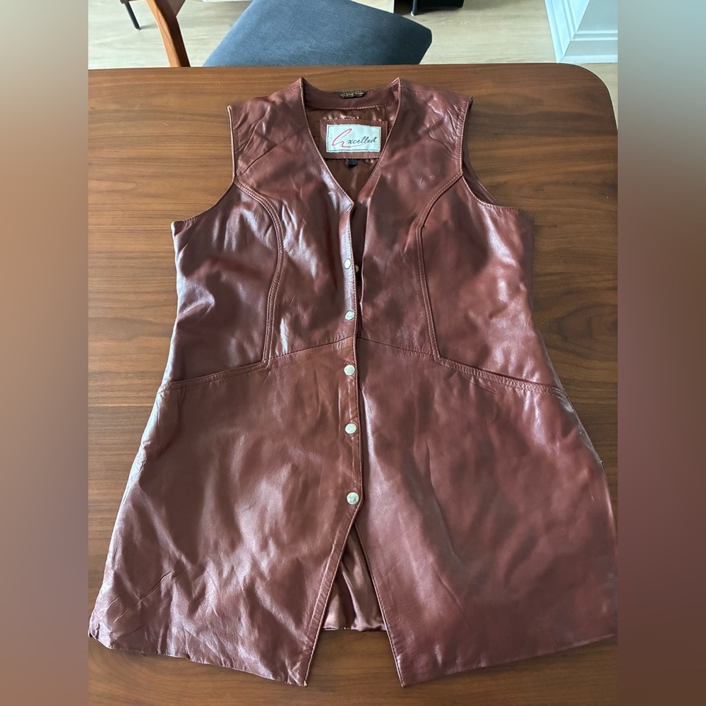 Vintage Excelled brown leather long vest with snaps